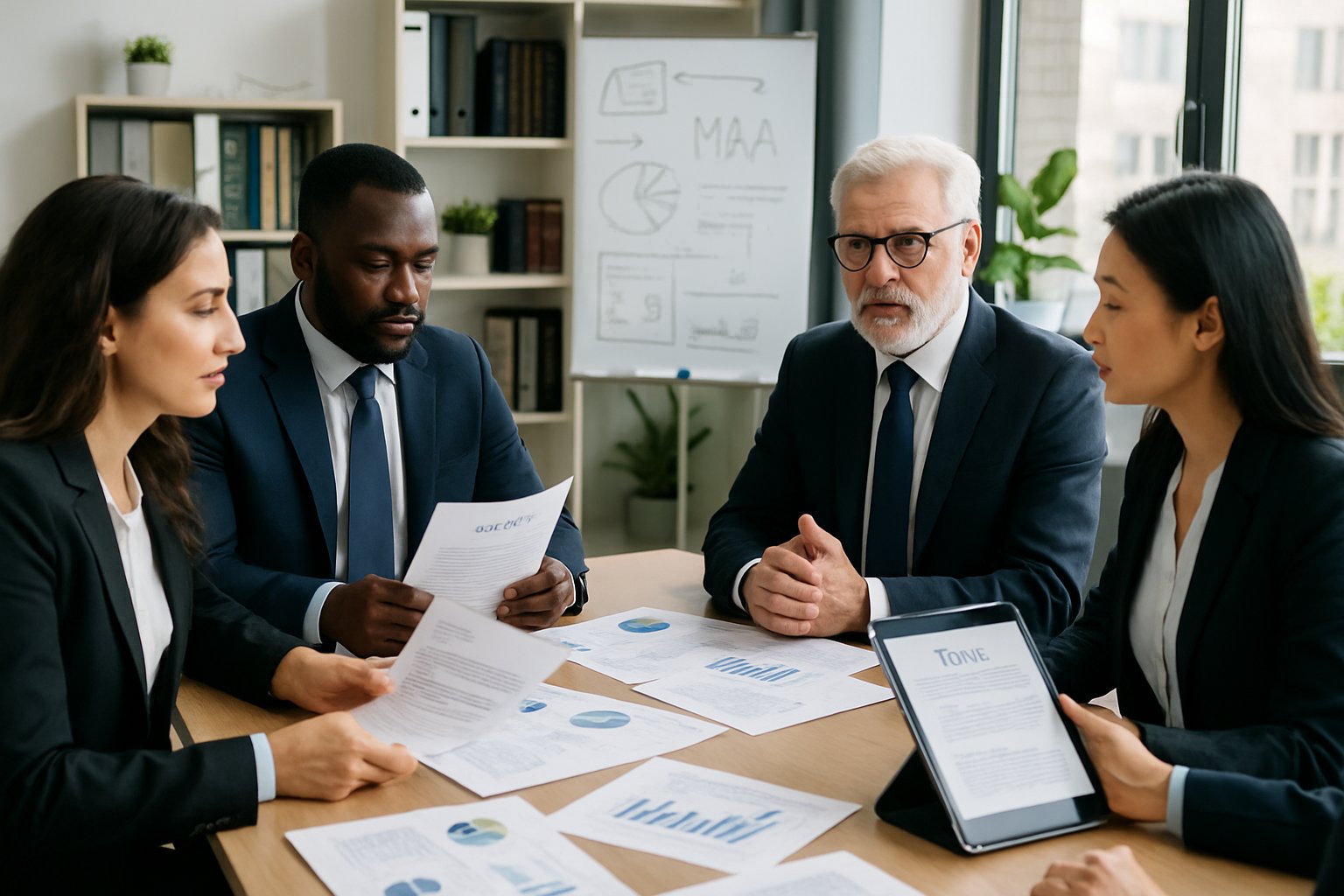 Reps and Warranties: Essential Insights for M&A Success 4 A group of business professionals discussing contracts and documents around a conference table in a modern office.