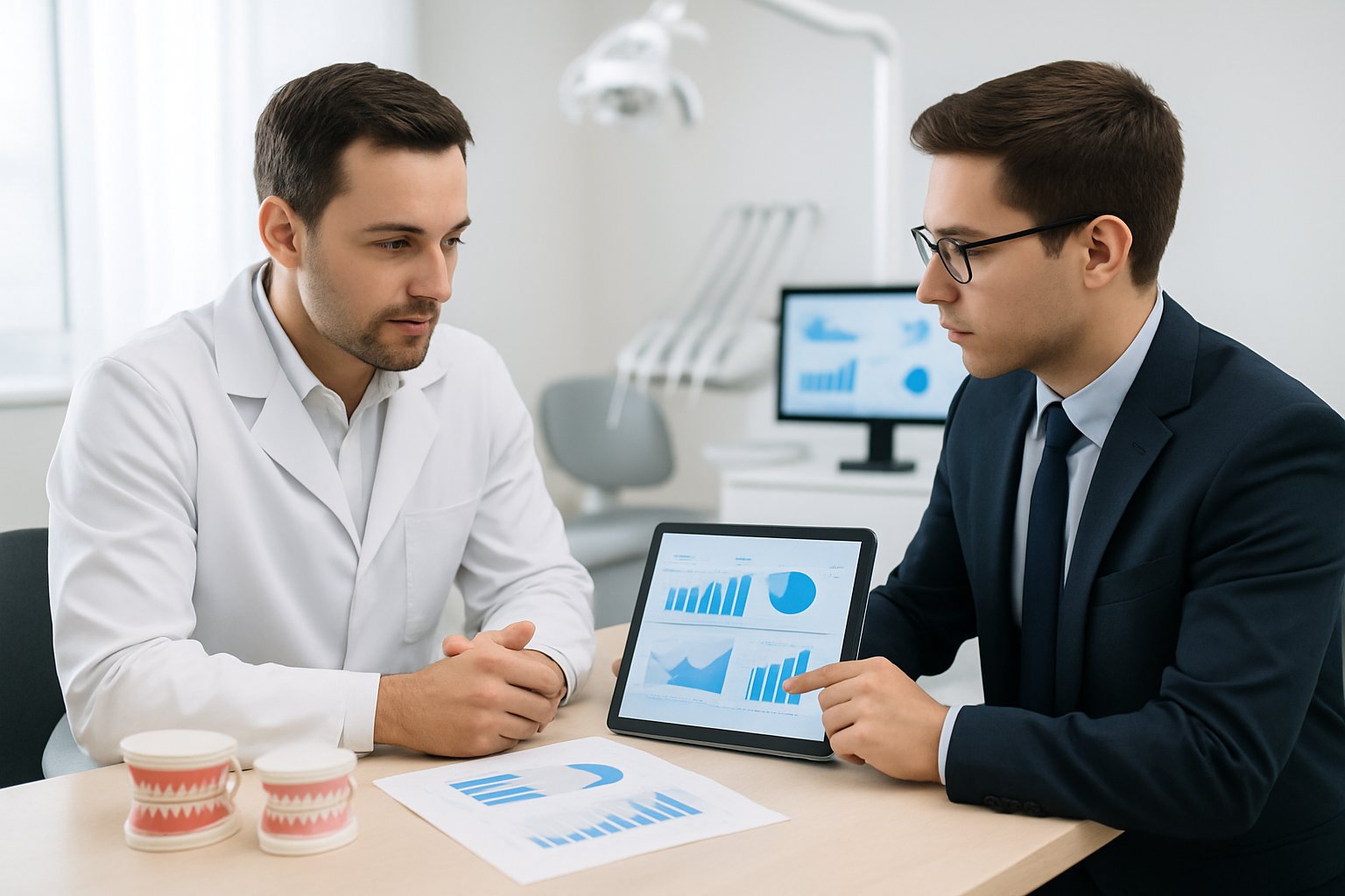How to Value a Dental Practice: Key Methods & Factors Explained 1 A dentist and a business consultant discussing financial documents in a modern dental office.