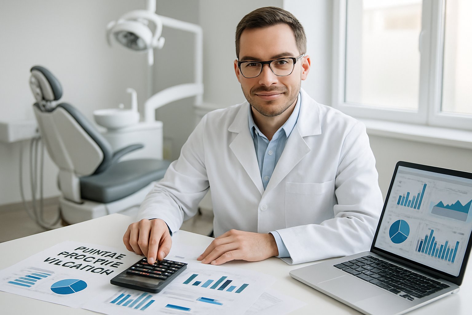 How to Value a Dental Practice: Key Methods & Factors Explained 2 A dental professional in a white coat reviewing financial documents and charts at a desk in a dental office with dental equipment in the background.