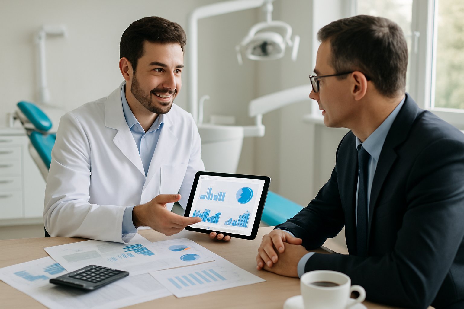 How to Value a Dental Practice: Key Methods & Factors Explained 3 A dentist and a business professional reviewing financial charts together in a modern dental office with dental equipment and a dental chair in the background.