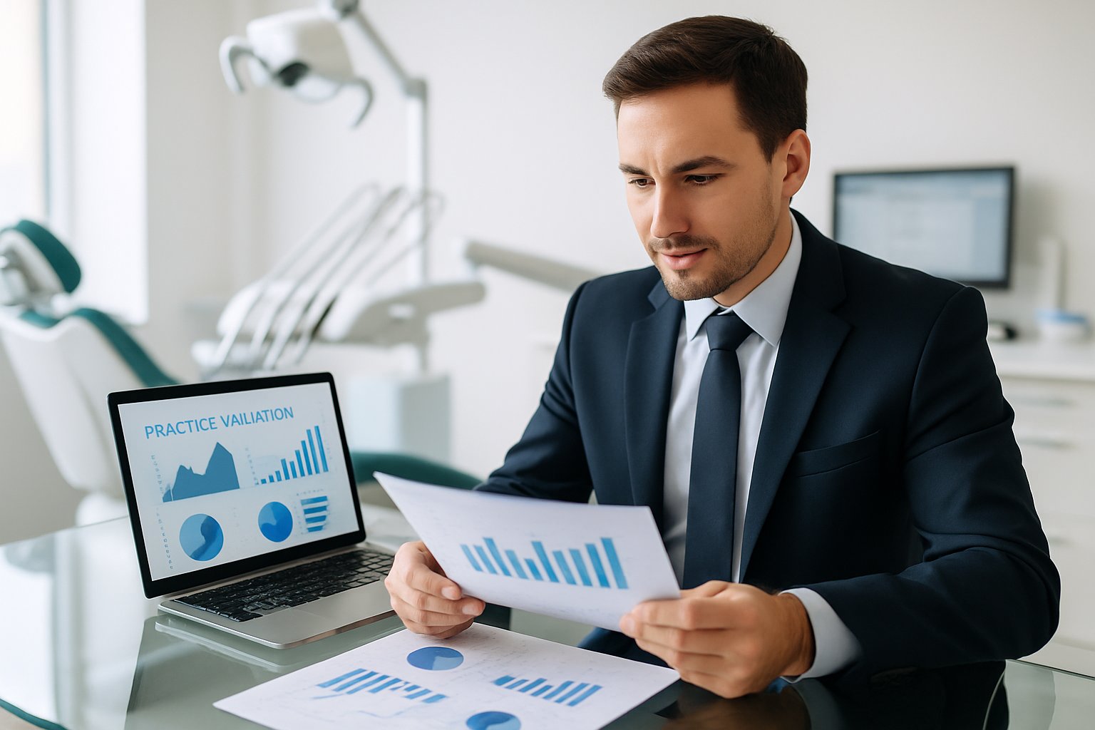 How to Value a Dental Practice: Key Methods & Factors Explained 4 A dental professional reviewing financial documents and charts in a modern dental office with dental equipment in the background.