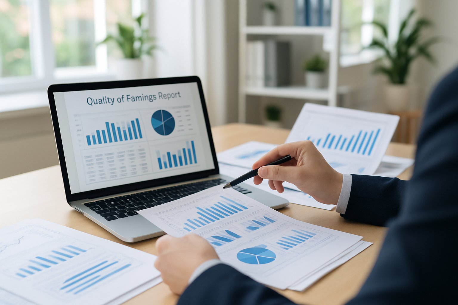 Quality of Earnings Report: Key Insights for Buyers and Sellers 3 A business professional reviewing financial documents and charts at a desk in a bright office.