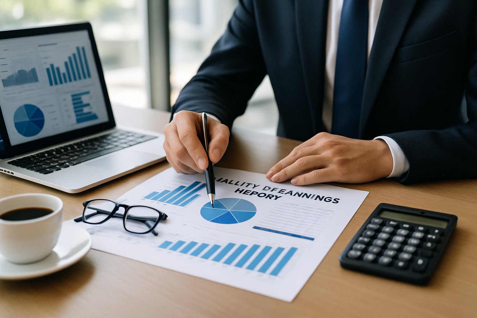 Quality of Earnings Report: Key Insights for Buyers and Sellers 4 A businessperson pointing at a financial report on a desk with charts and graphs, surrounded by a laptop, calculator, coffee cup, and eyeglasses in an office setting.
