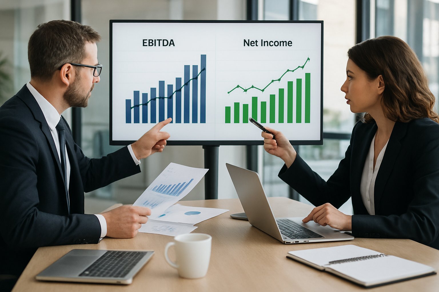 EBITDA vs Net Income: Key Differences, Metrics, and Insights 1 Two business professionals discussing financial charts on a large screen in a modern office.