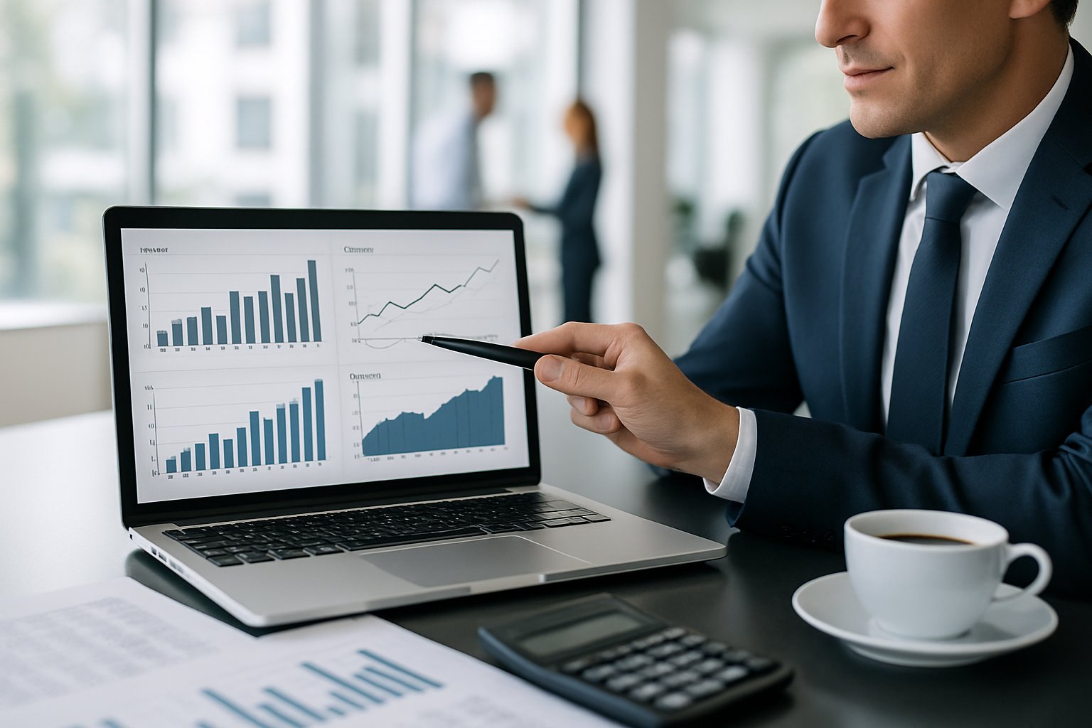 EBITDA vs Net Income: Key Differences, Metrics, and Insights 2 A business professional explaining financial charts on a laptop in a bright office with spreadsheets and a calculator on the desk.