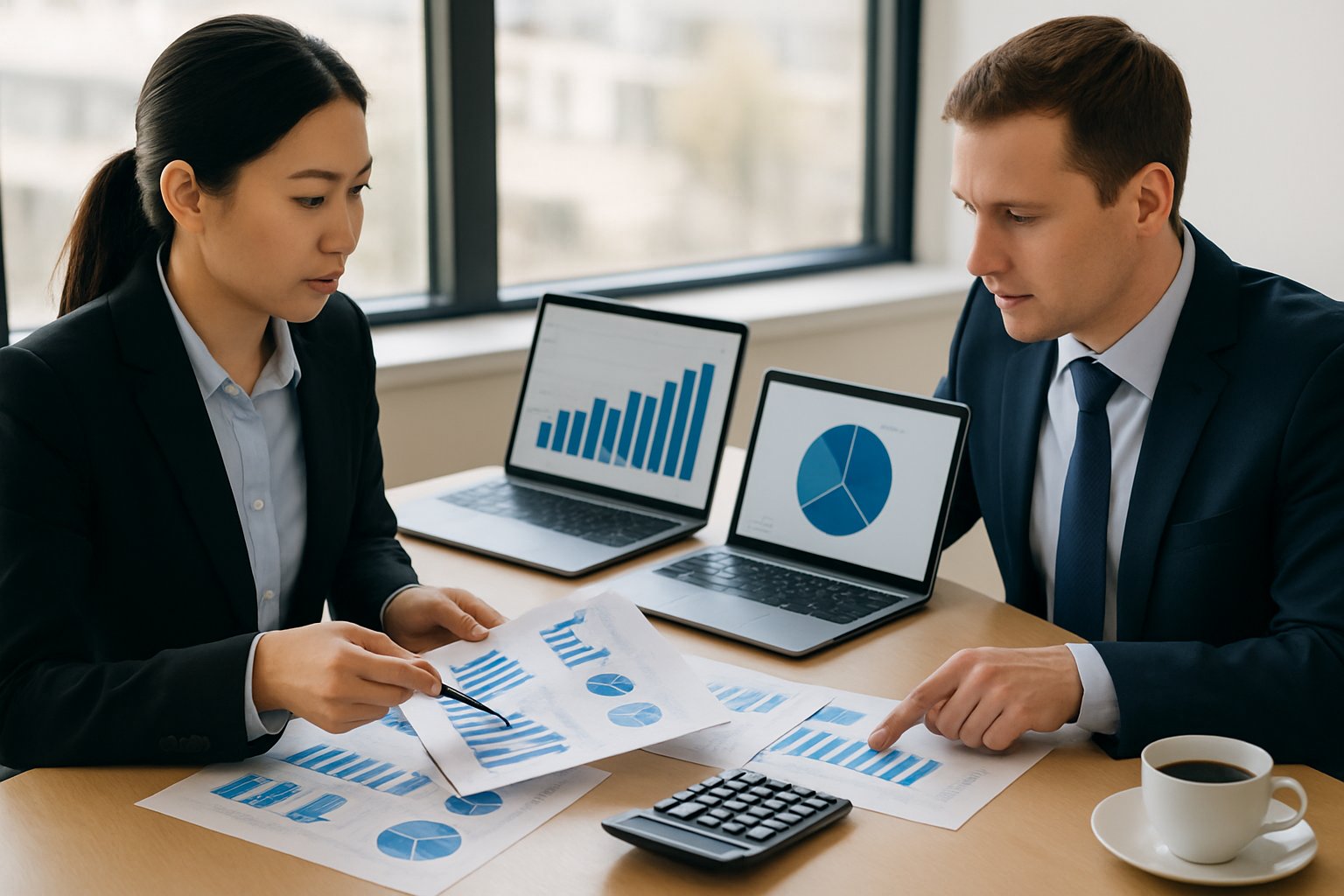EBITDA vs Net Income: Key Differences, Metrics, and Insights 3 Two business professionals discussing financial documents and charts in a bright office setting.