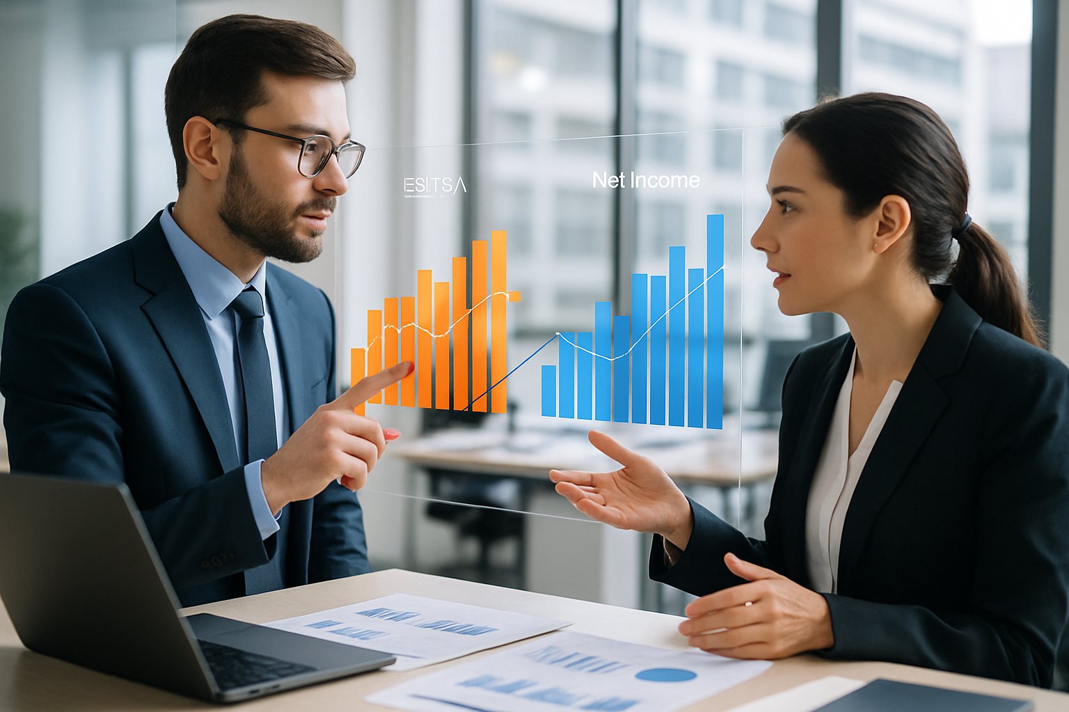 EBITDA vs Net Income: Key Differences, Metrics, and Insights 4 Two business professionals discussing financial charts comparing EBITDA and Net Income on transparent digital screens in a modern office.
