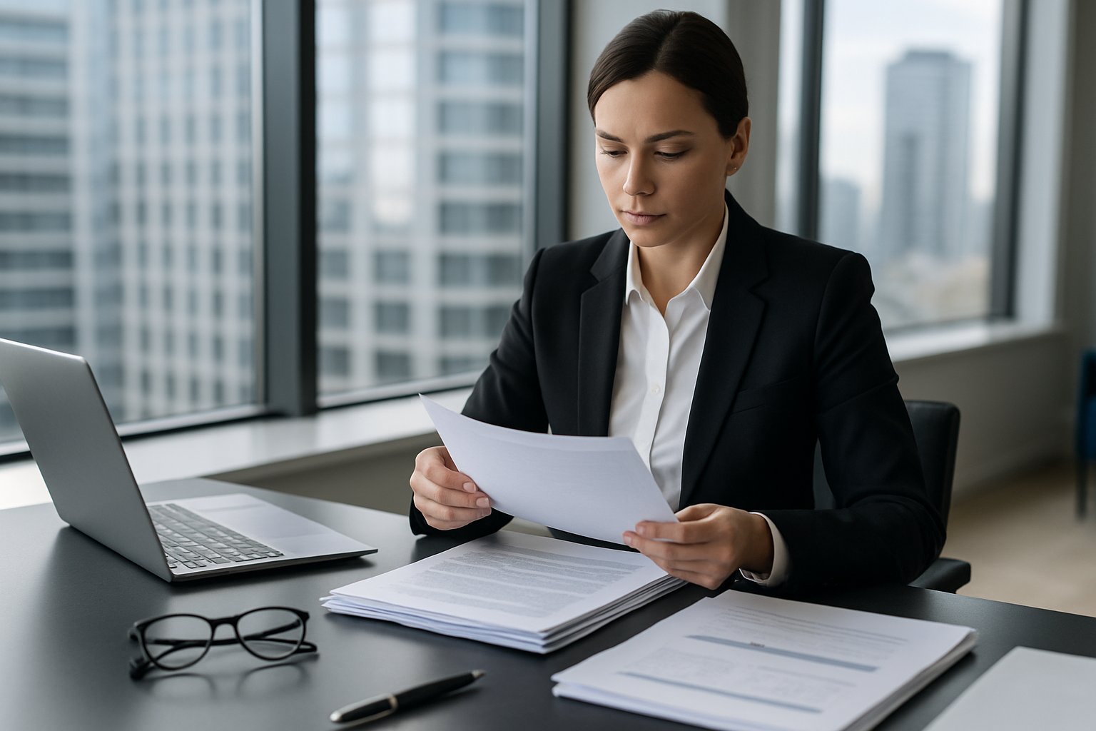 Confidential Information Memorandum: Structure, Uses, and Best Practices 2 A businessperson in formal attire reviewing documents at a modern office desk with a cityscape visible through large windows.