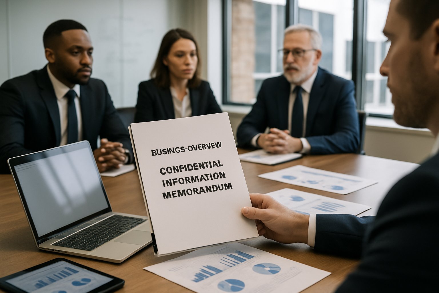 Confidential Information Memorandum: Structure, Uses, and Best Practices 4 Business professionals in a conference room reviewing documents and digital devices during a meeting.
