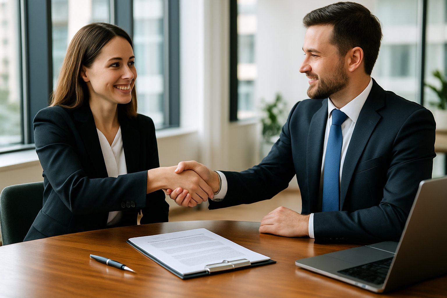 Letter of Intent to Purchase Business: Essential Guide & Structure 2 Two businesspeople shaking hands over a table with documents and a laptop in a bright office.