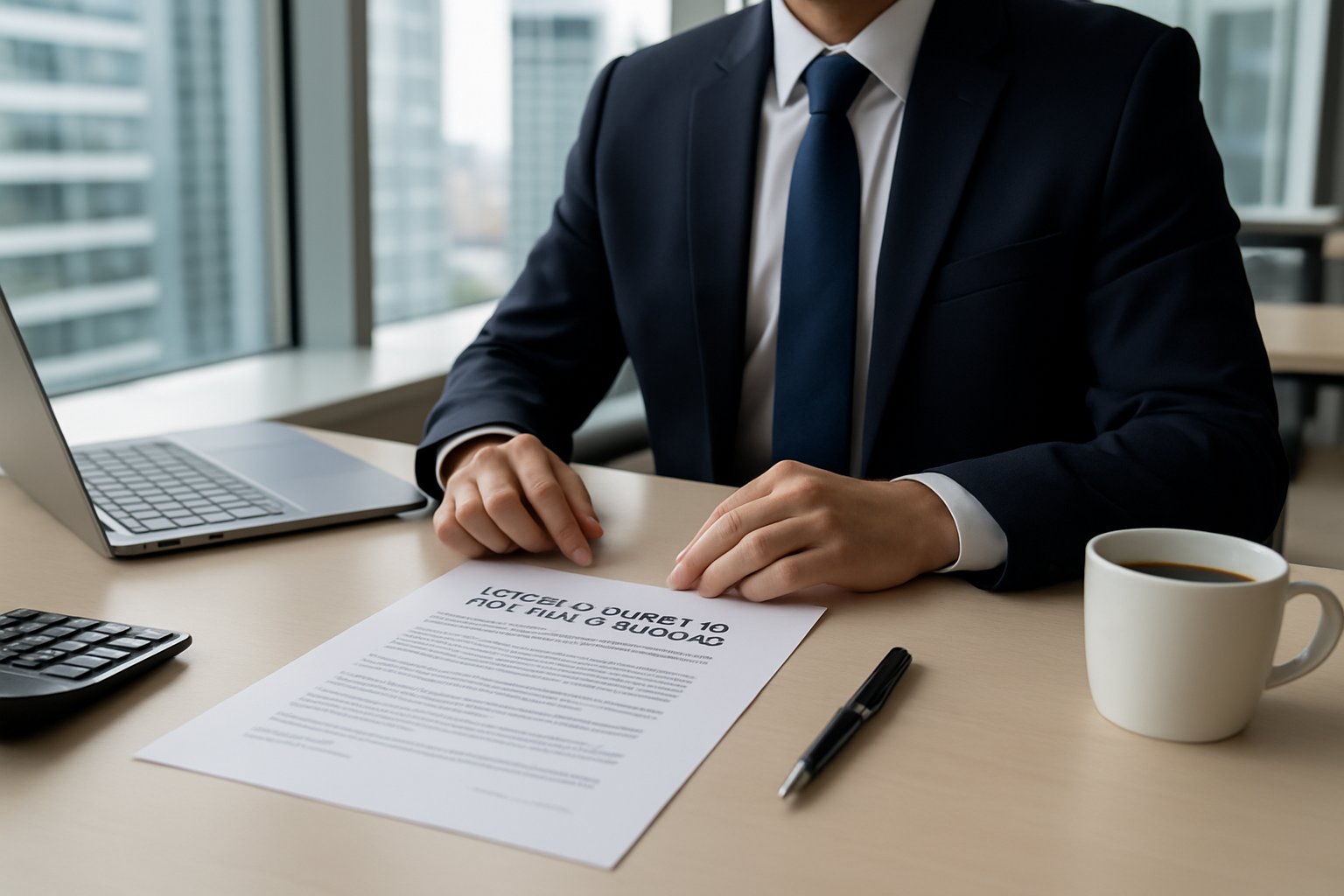 Letter of Intent to Purchase Business: Essential Guide & Structure 3 A businessperson in a suit sits at a desk with an open document and pen, surrounded by office items, with a city skyline visible through a window.