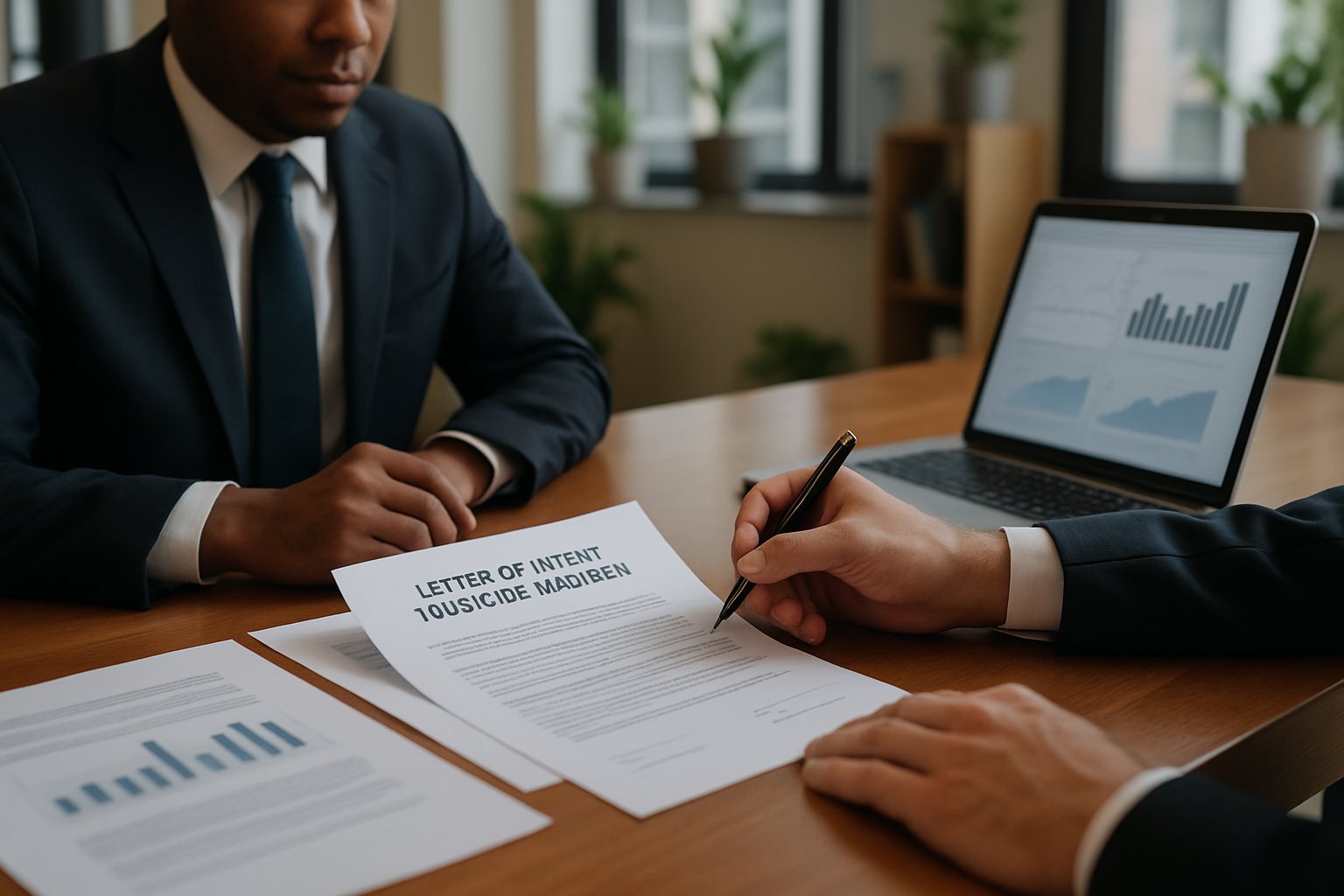 Letter of Intent to Purchase Business: Essential Guide & Structure 4 Two business professionals reviewing documents at a conference table in an office setting.