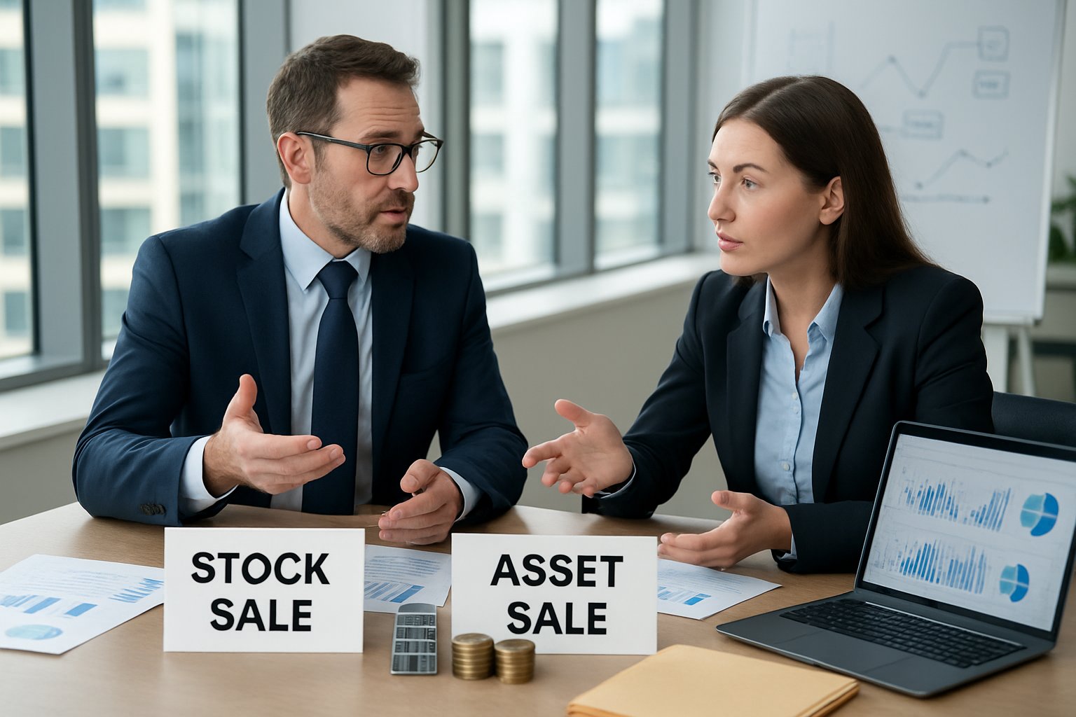 Stock Sale vs Asset Sale: Key Differences, Benefits, and Tax Impact 1 Two business professionals discussing financial documents and charts at a conference table in an office with a city view.