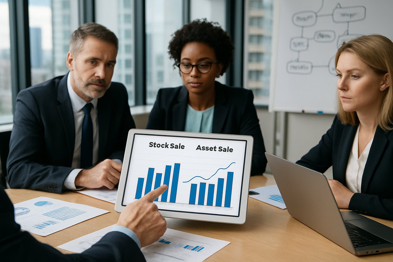 Stock Sale vs Asset Sale: Key Differences, Benefits, and Tax Impact 2 Business professionals in a meeting room discussing financial documents and charts around a conference table.