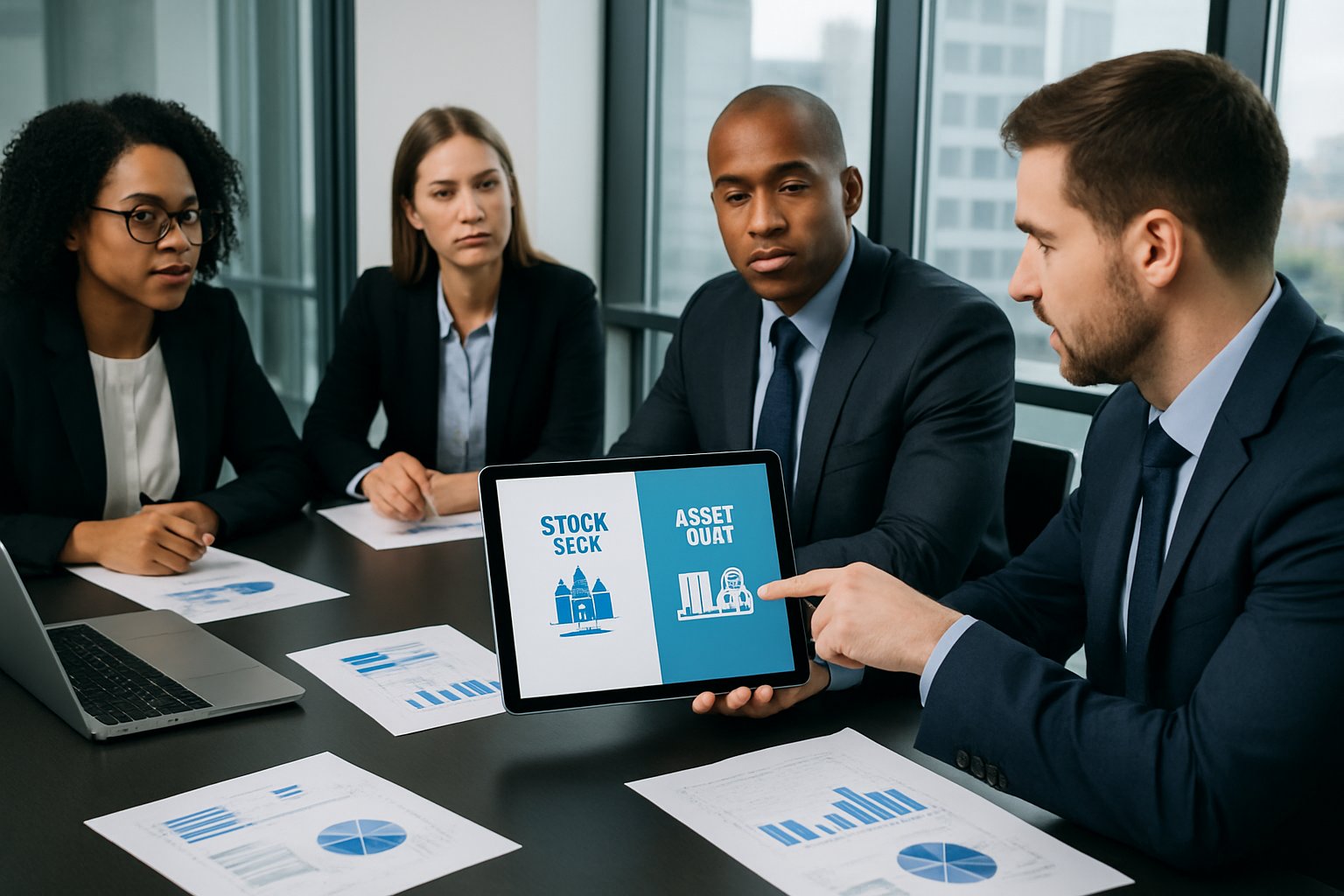 Stock Sale vs Asset Sale: Key Differences, Benefits, and Tax Impact 3 Four business professionals in a modern office meeting around a table with laptops and documents, discussing financial concepts.