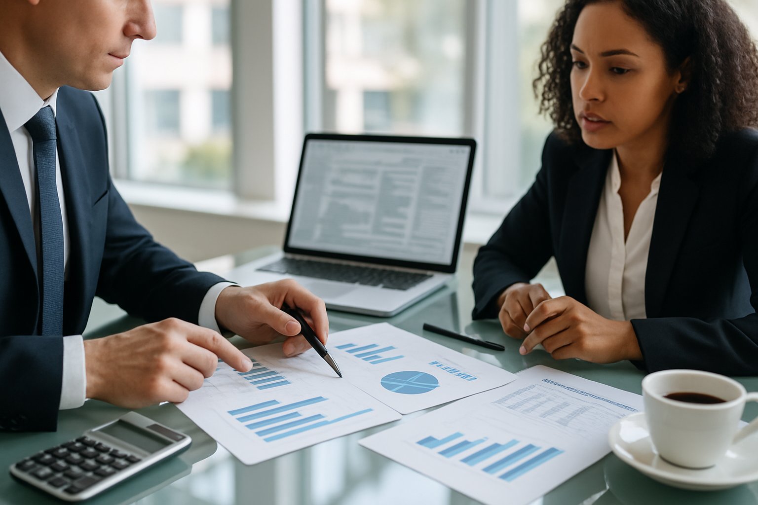 Stock Sale vs Asset Sale: Key Differences, Benefits, and Tax Impact 4 Two business professionals discussing financial documents and charts in a modern office.