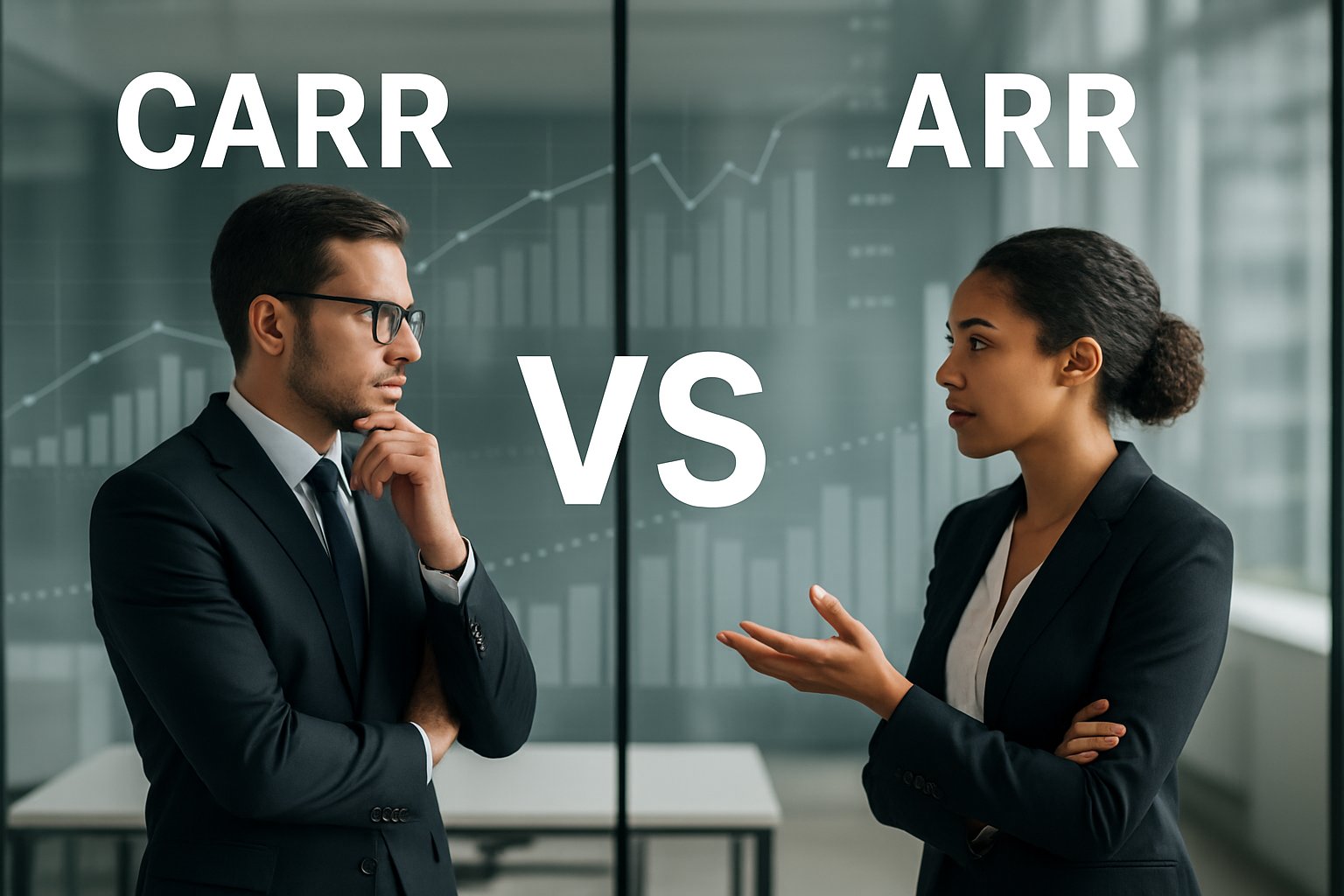 CARR vs ARR: Key Differences, Formulas, and Business Impact 1 Two business professionals standing opposite each other in an office, discussing financial charts and graphs.