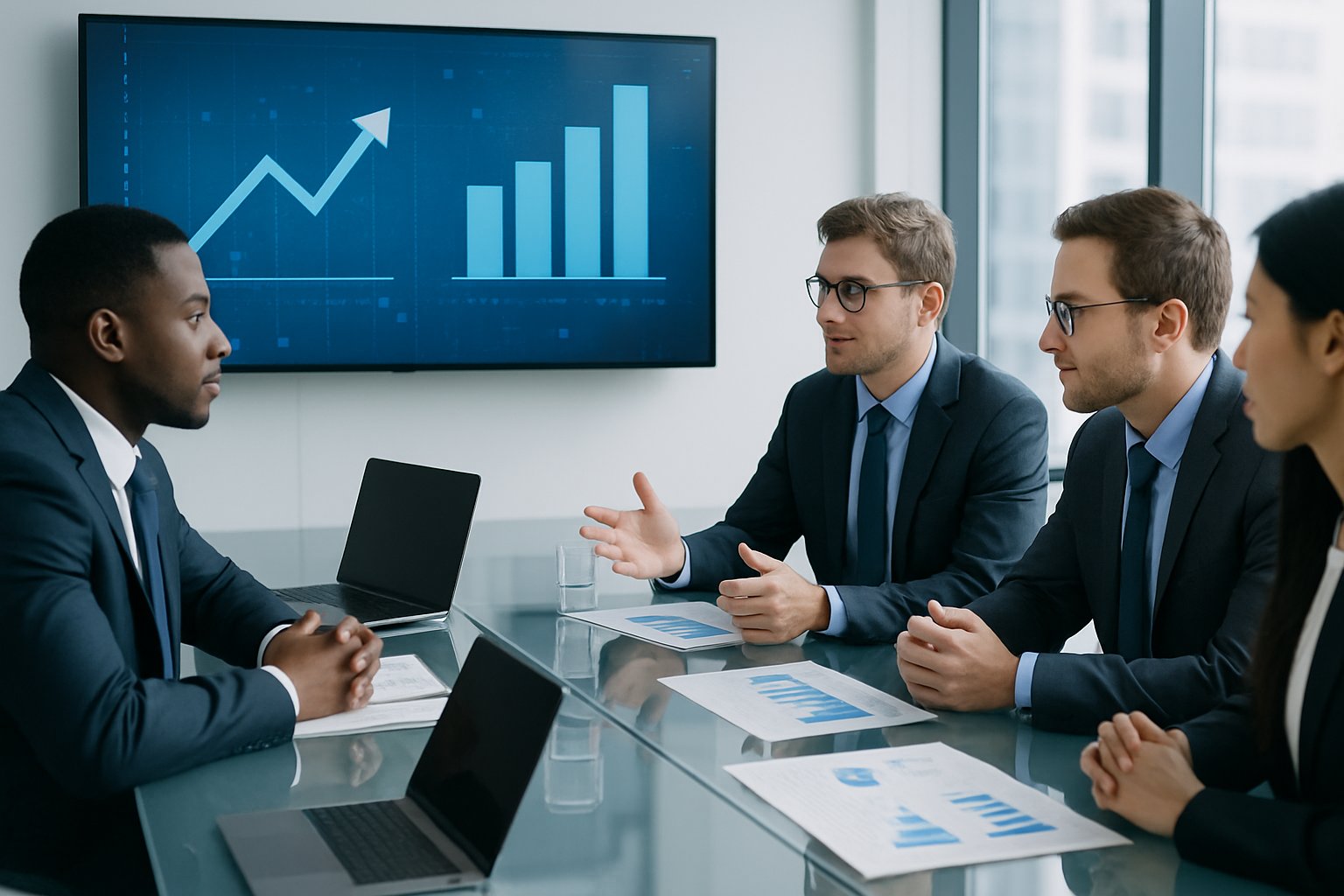 CARR vs ARR: Key Differences, Formulas, and Business Impact 2 Business professionals discussing financial charts and data in a modern office setting.
