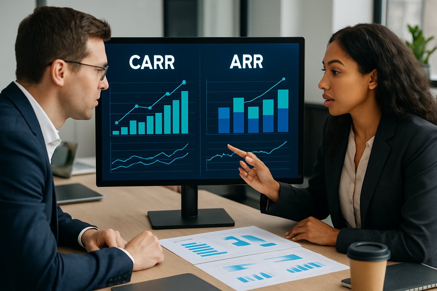CARR vs ARR: Key Differences, Formulas, and Business Impact 3 Two business professionals discussing financial charts and graphs on a large screen in a modern office setting.