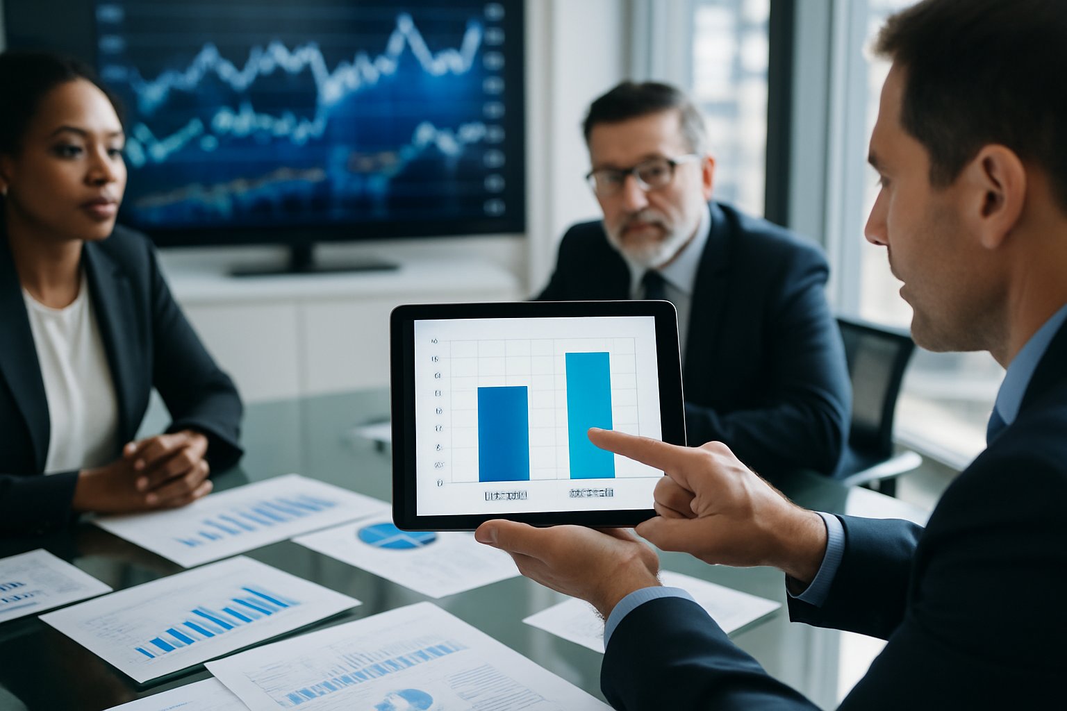Fair Value vs Market Value: Key Differences and Accounting Impact 2 Business professionals discussing financial charts and data around a table in an office.