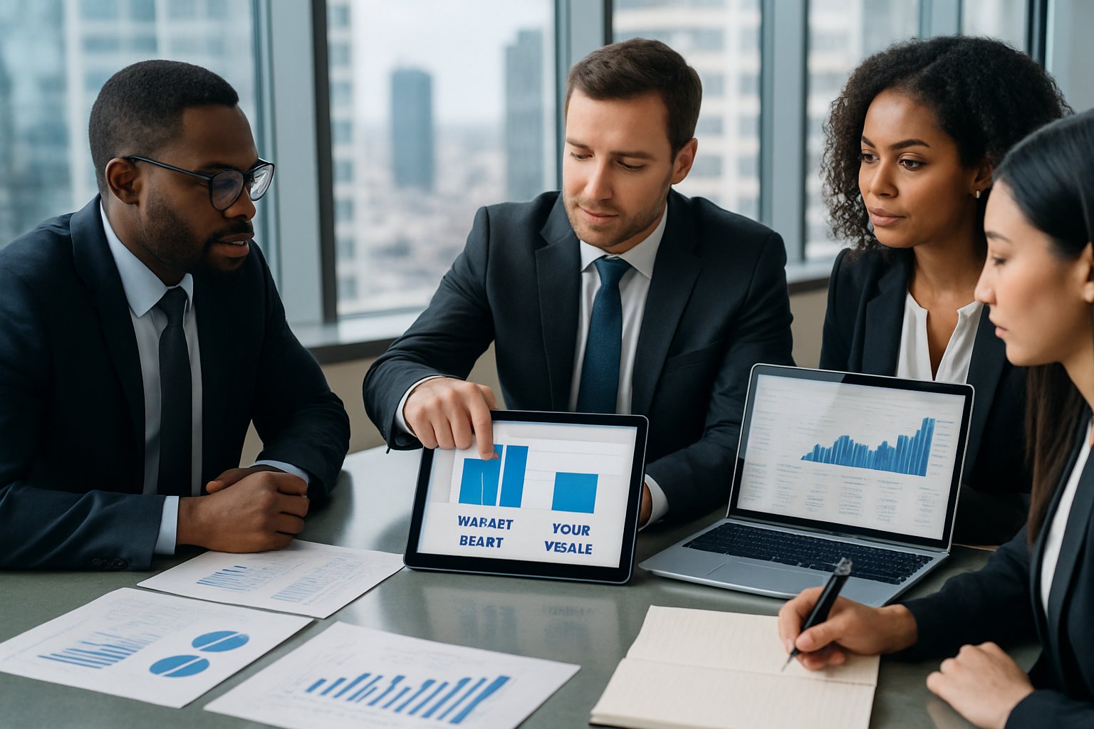 Fair Value vs Market Value: Key Differences and Accounting Impact 3 Business professionals discussing financial charts and documents around a table in an office with a city skyline visible through the window.