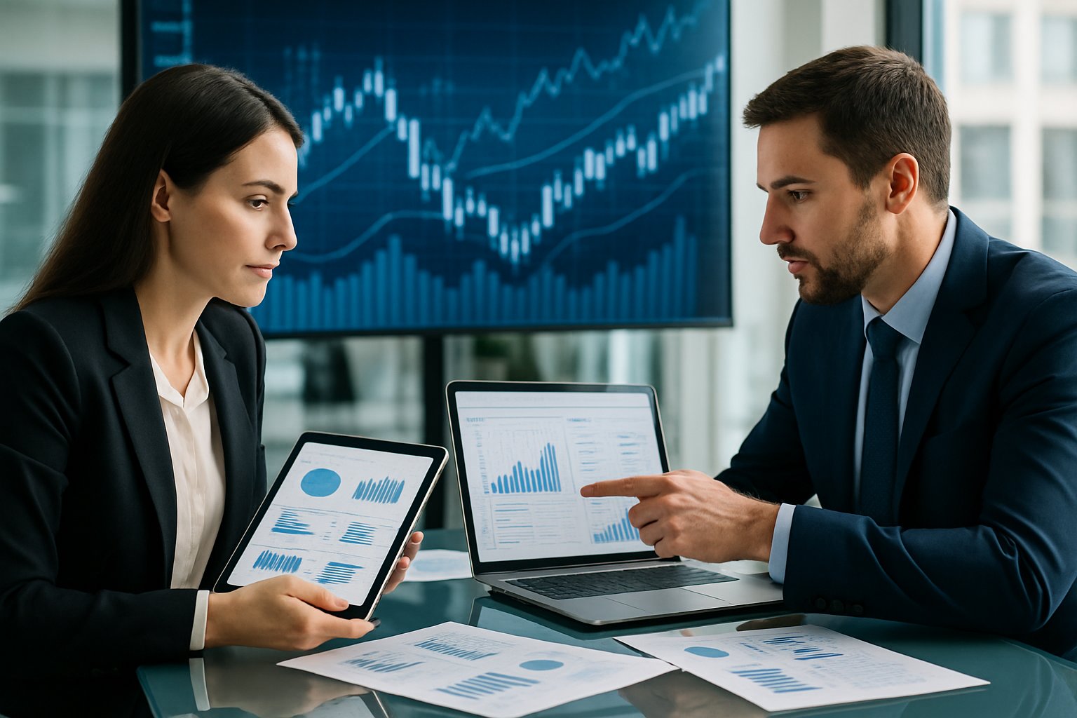 Fair Value vs Market Value: Key Differences and Accounting Impact 4 Two business professionals discussing financial documents and charts in a modern office with digital financial graphs in the background.
