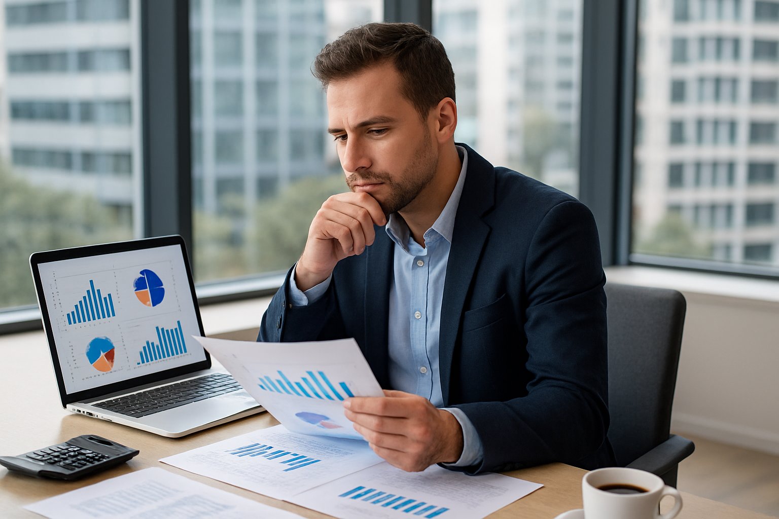 How Much Can I Sell My Business For? Key Factors & Valuation Methods 1 A business owner sitting at a desk reviewing financial documents and a laptop with charts in a bright office.