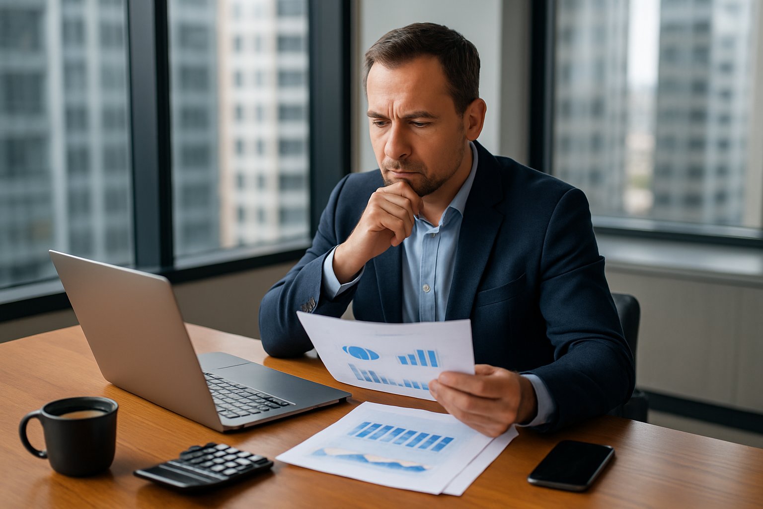 How Much Can I Sell My Business For? Key Factors & Valuation Methods 2 A business owner reviewing financial documents and charts at a desk in a modern office with a city view.