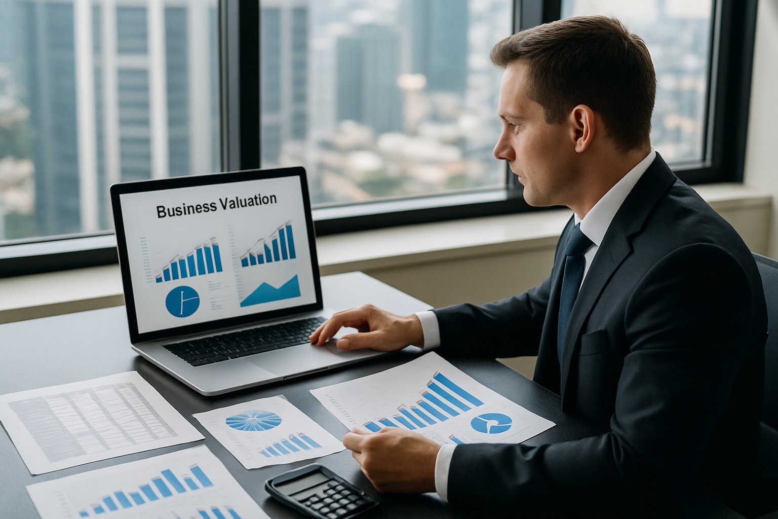 How Much Can I Sell My Business For? Key Factors & Valuation Methods 3 A businessperson in formal attire working at a desk with financial charts, documents, and a laptop in an office with a city view.
