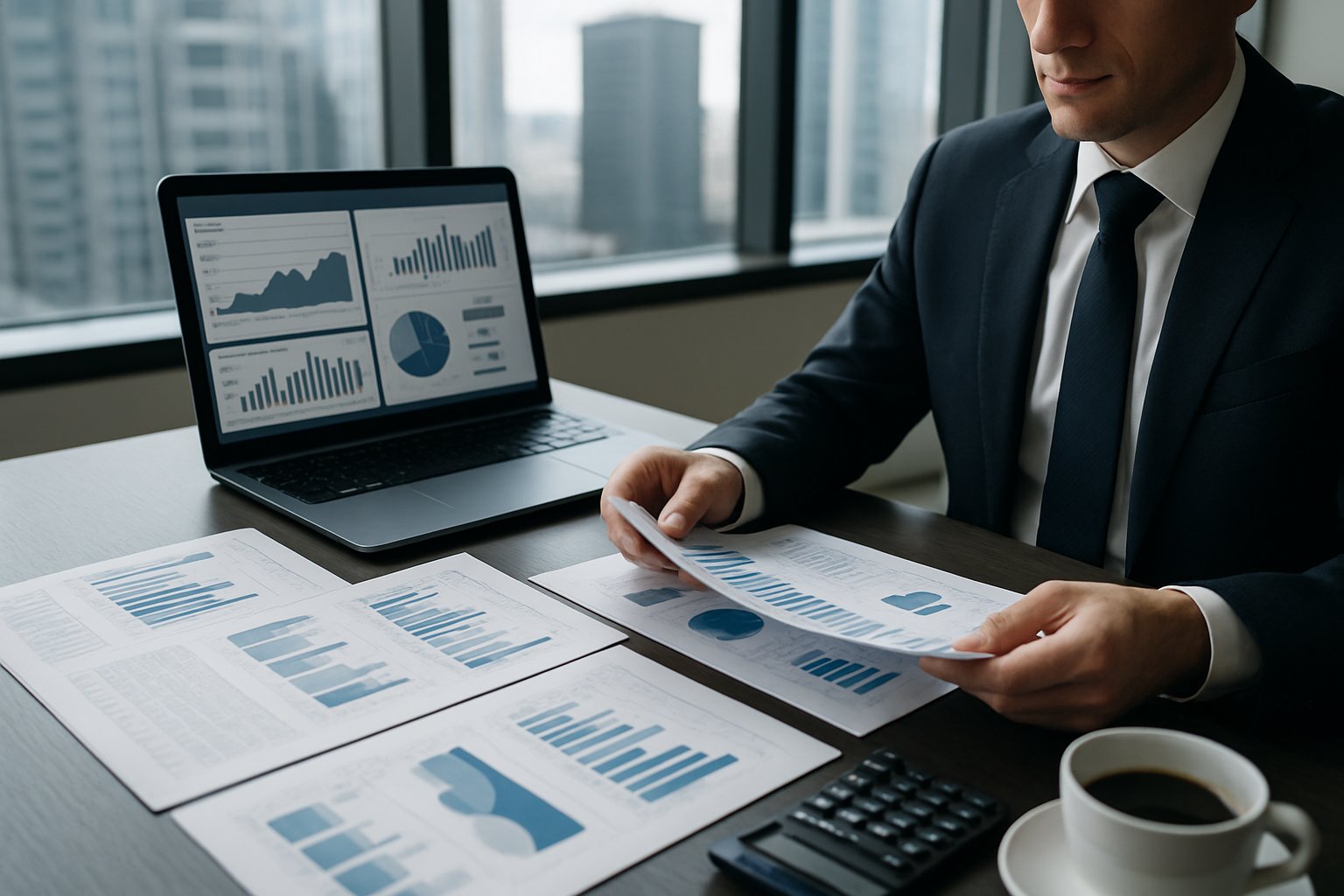 How Much Can I Sell My Business For? Key Factors & Valuation Methods 4 A businessperson reviewing financial charts and documents at a desk in an office with a city skyline visible through large windows.