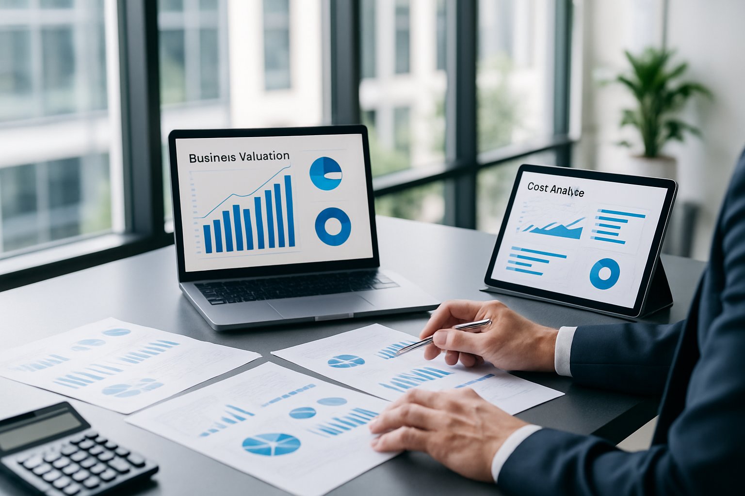 Business Valuation Cost: What Affects Price & How to Choose 2 A businessperson working at a desk with financial charts, documents, and a calculator in a bright modern office.