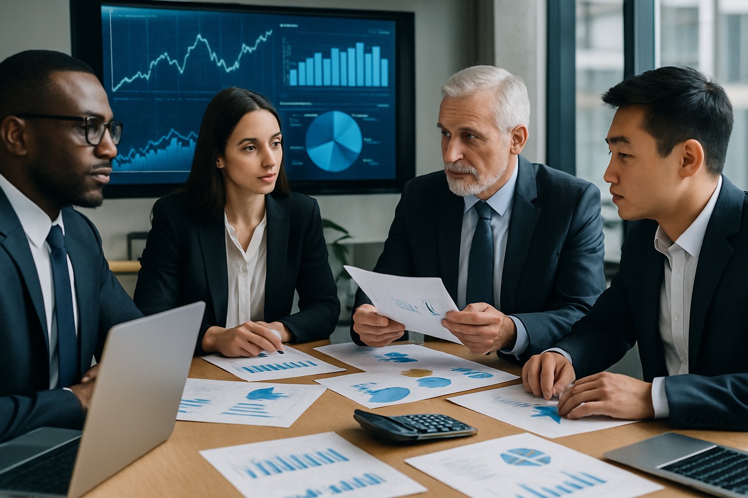 Business Valuation Cost: What Affects Price & How to Choose 3 A group of business professionals in a meeting room analyzing financial documents and charts around a conference table.