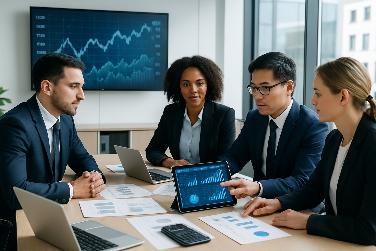 Business Valuation Cost: What Affects Price & How to Choose 4 Business professionals discussing financial data and charts around a conference table in a modern office.