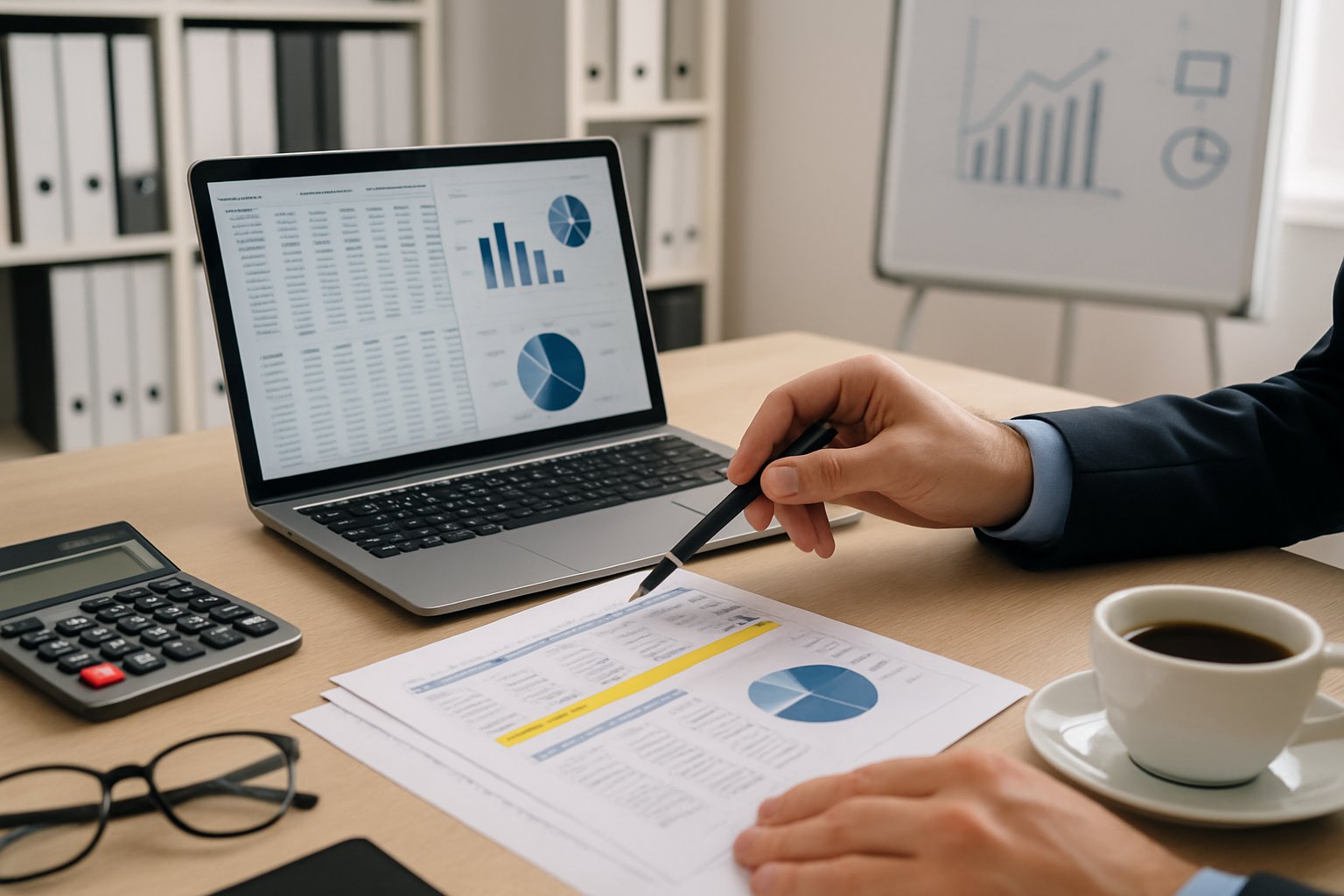 Cost of Goods Sold vs Expense: Key Differences & Accounting Impact 3 A financial analyst pointing at spreadsheets and printed financial statements on a desk in an office, highlighting the comparison between cost of goods sold and expenses.