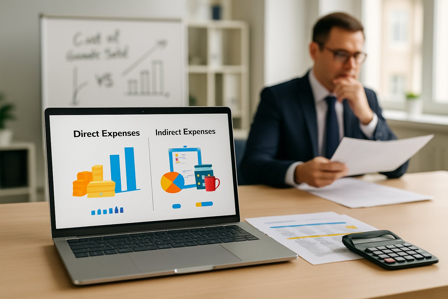 Cost of Goods Sold vs Expense: Key Differences & Accounting Impact 4 A business professional reviewing financial documents at a desk with a laptop showing charts comparing different types of expenses, surrounded by office supplies and financial tools.