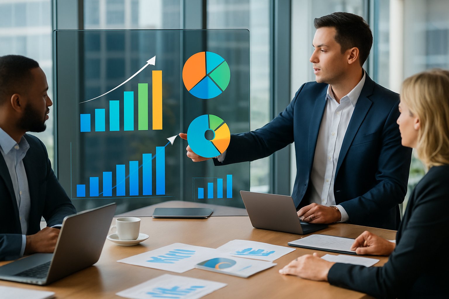 What Is Net Revenue Retention? How It Works & Why It Matters 2 Business professionals in a modern office meeting around a table with laptops and charts showing financial graphs on a transparent digital display.