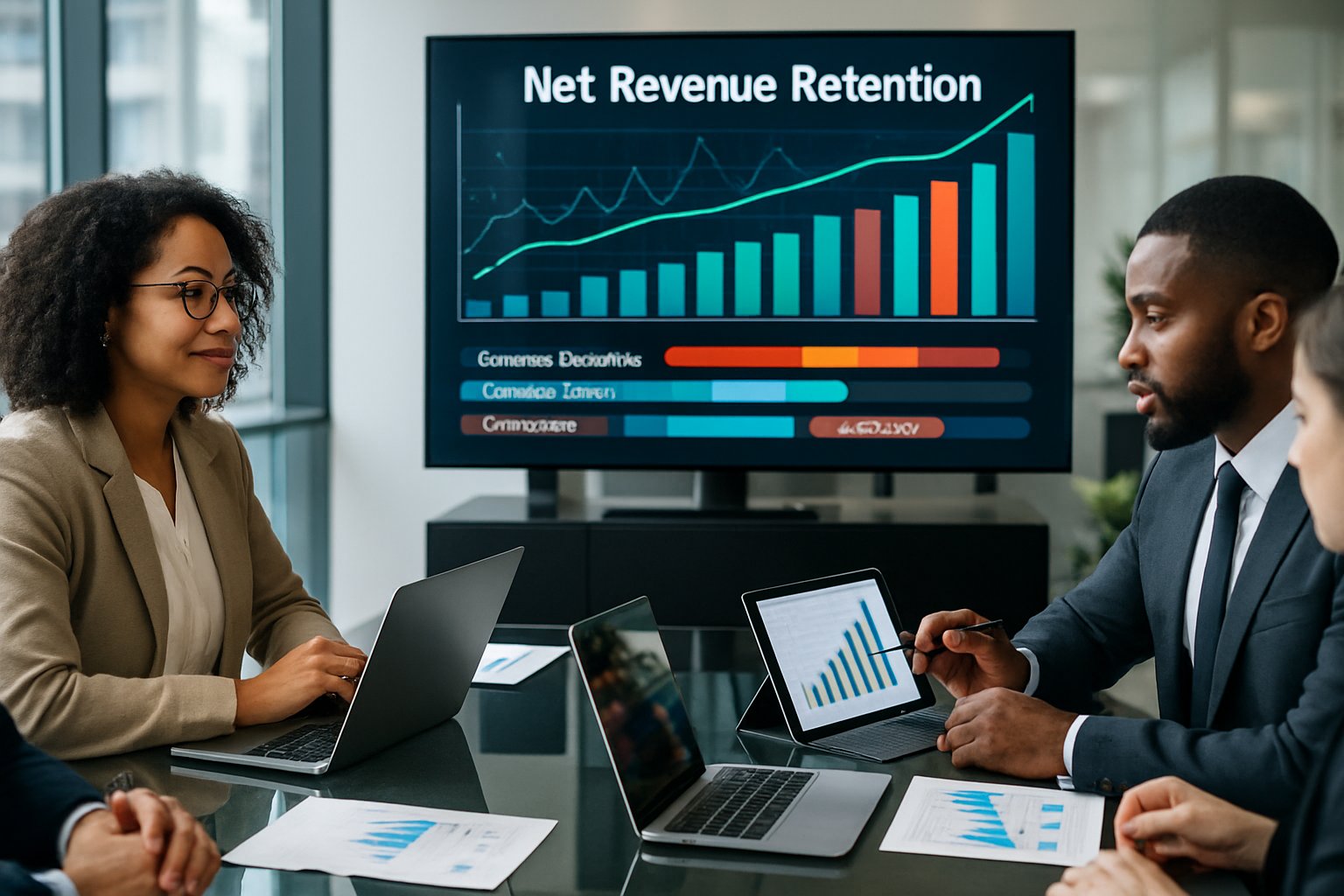 What Is Net Revenue Retention? How It Works & Why It Matters 3 Business professionals collaborating around a table with laptops and charts showing financial data and growth metrics in a modern office.