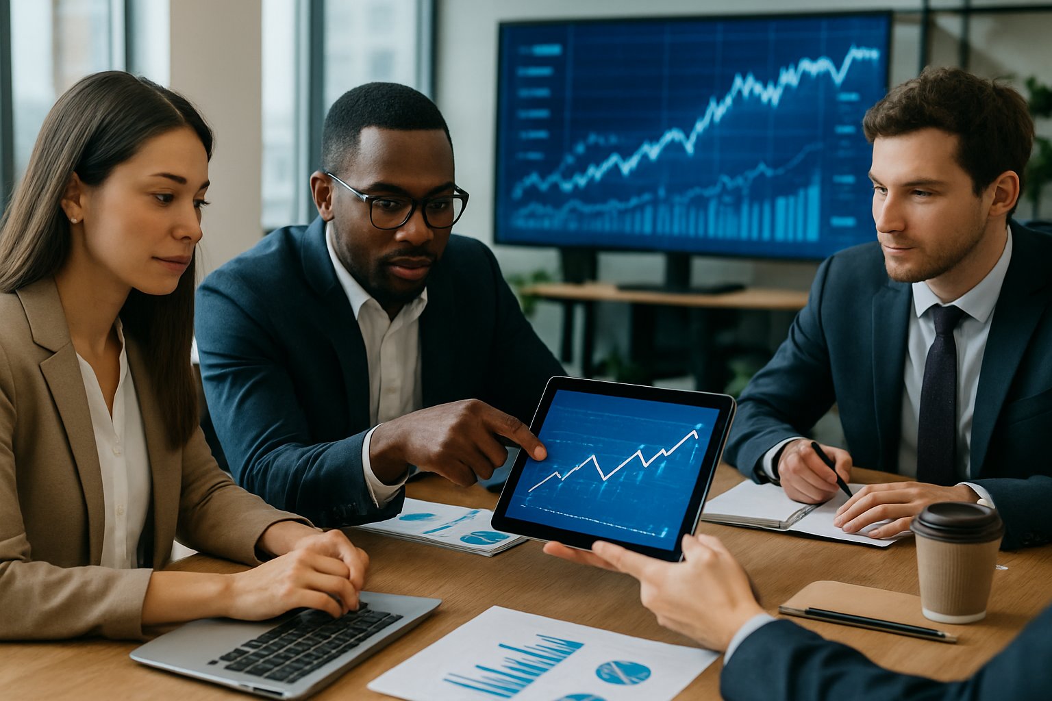 What Is Net Revenue Retention? How It Works & Why It Matters 4 Business professionals collaborating around a table with laptops and financial charts, analyzing revenue data in a modern office.