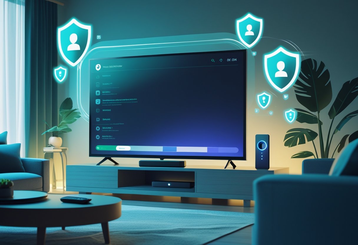 A living room with a television connected to a Firestick device, showing streaming activity with digital security icons floating around.