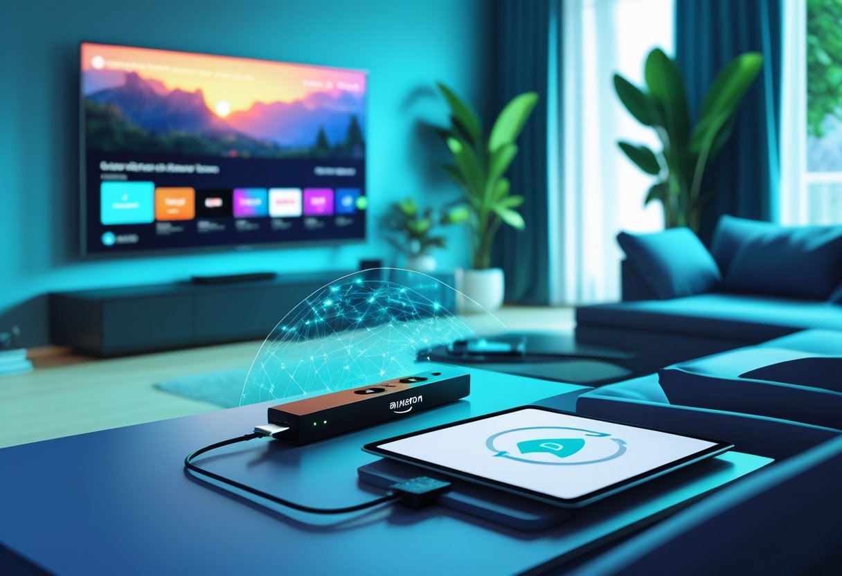 A living room with a TV showing streaming content, a Firestick device connected, and a laptop displaying a secure connection symbolizing VPN use.