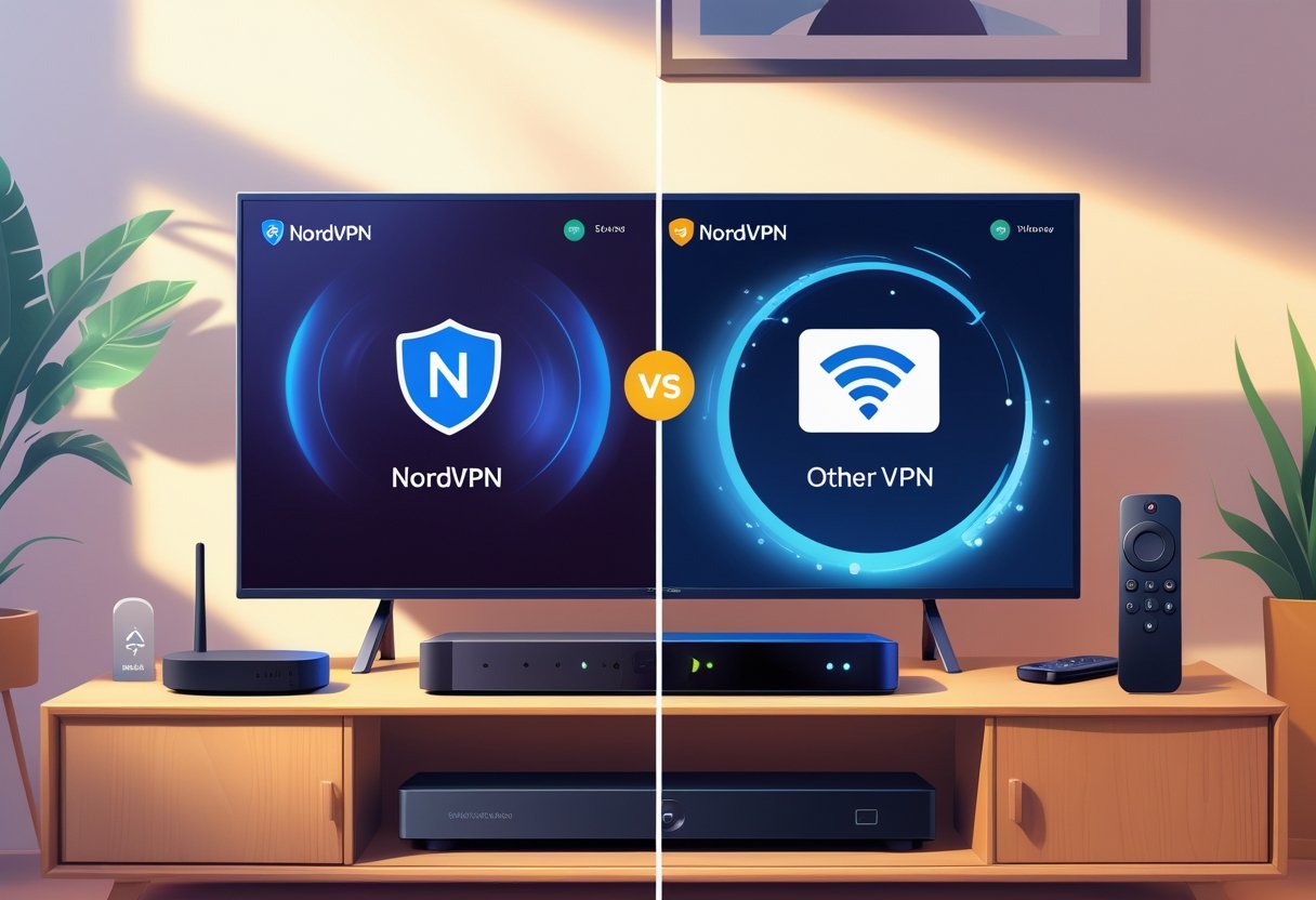 Two smart TV screens side by side in a living room showing streaming content, with one representing NordVPN and the other representing other VPN services for Firestick.
