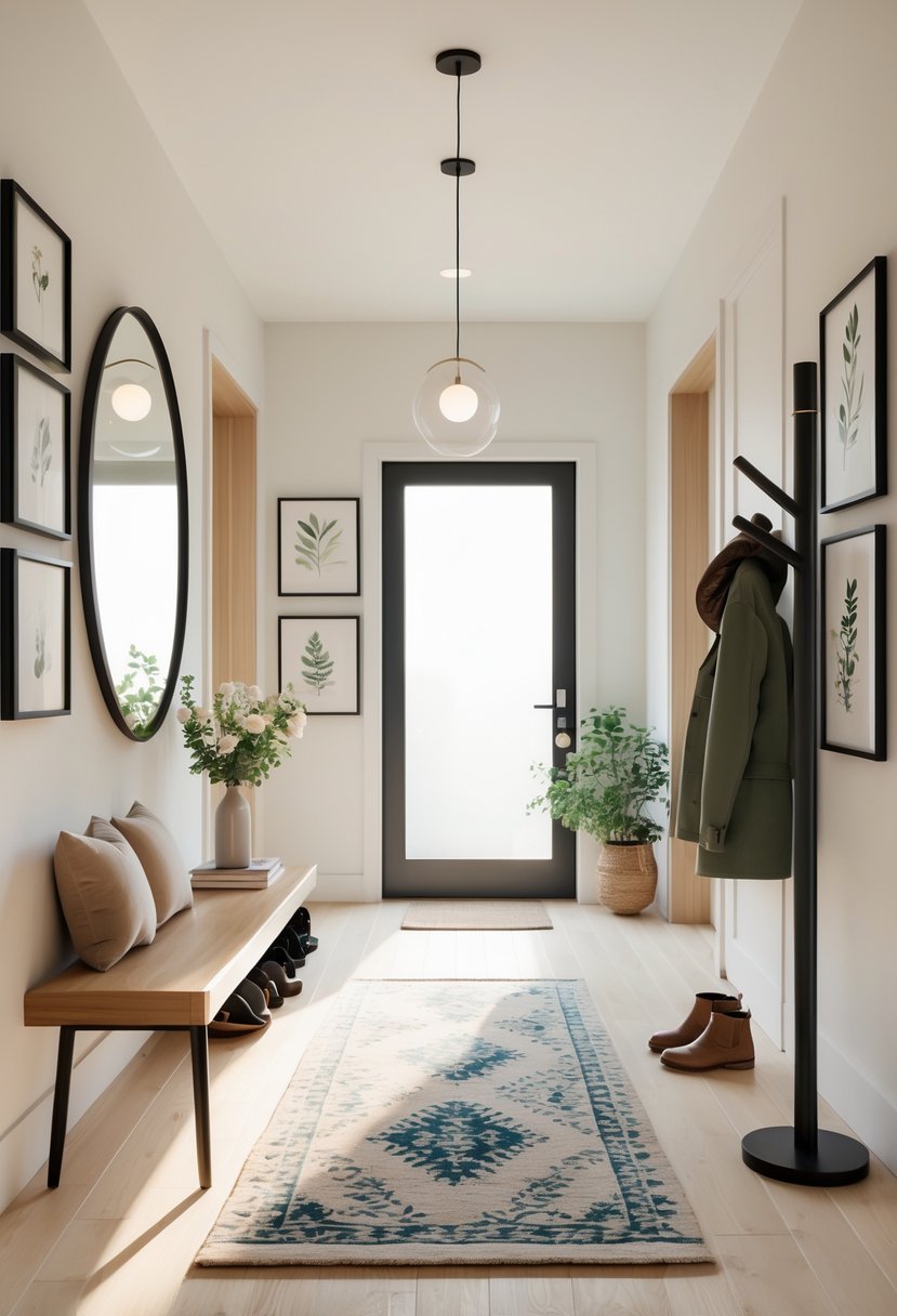 Entryway Makeover Ideas 2026: 22 Stylish Ways To Refresh Your Home’s First Impression 2 A modern, bright entryway with a wooden bench, coat rack, console table with flowers, a round mirror, and a patterned rug.