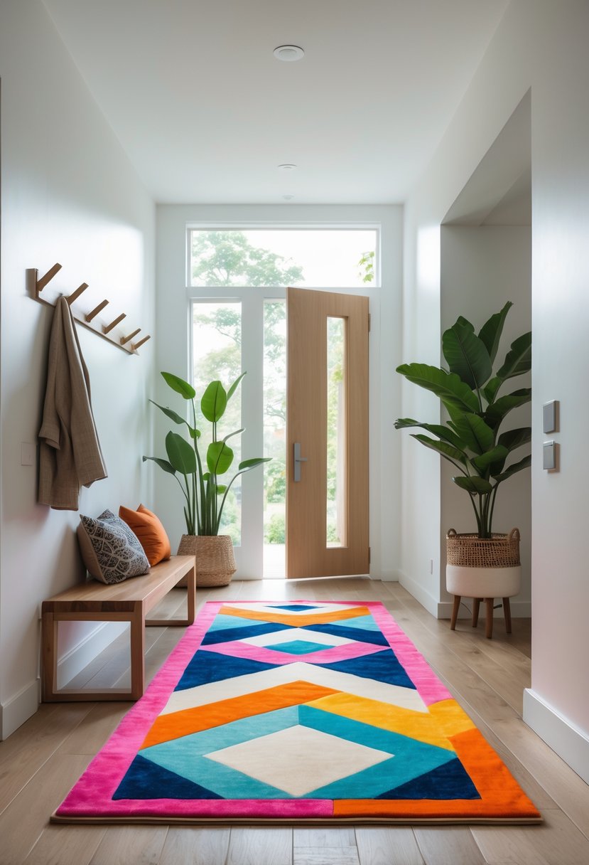Entryway Makeover Ideas 2026: 22 Stylish Ways To Refresh Your Home’s First Impression 3 An entryway with a bold geometric area rug, a wooden bench with cushions, a potted plant, and a coat rack on the wall.