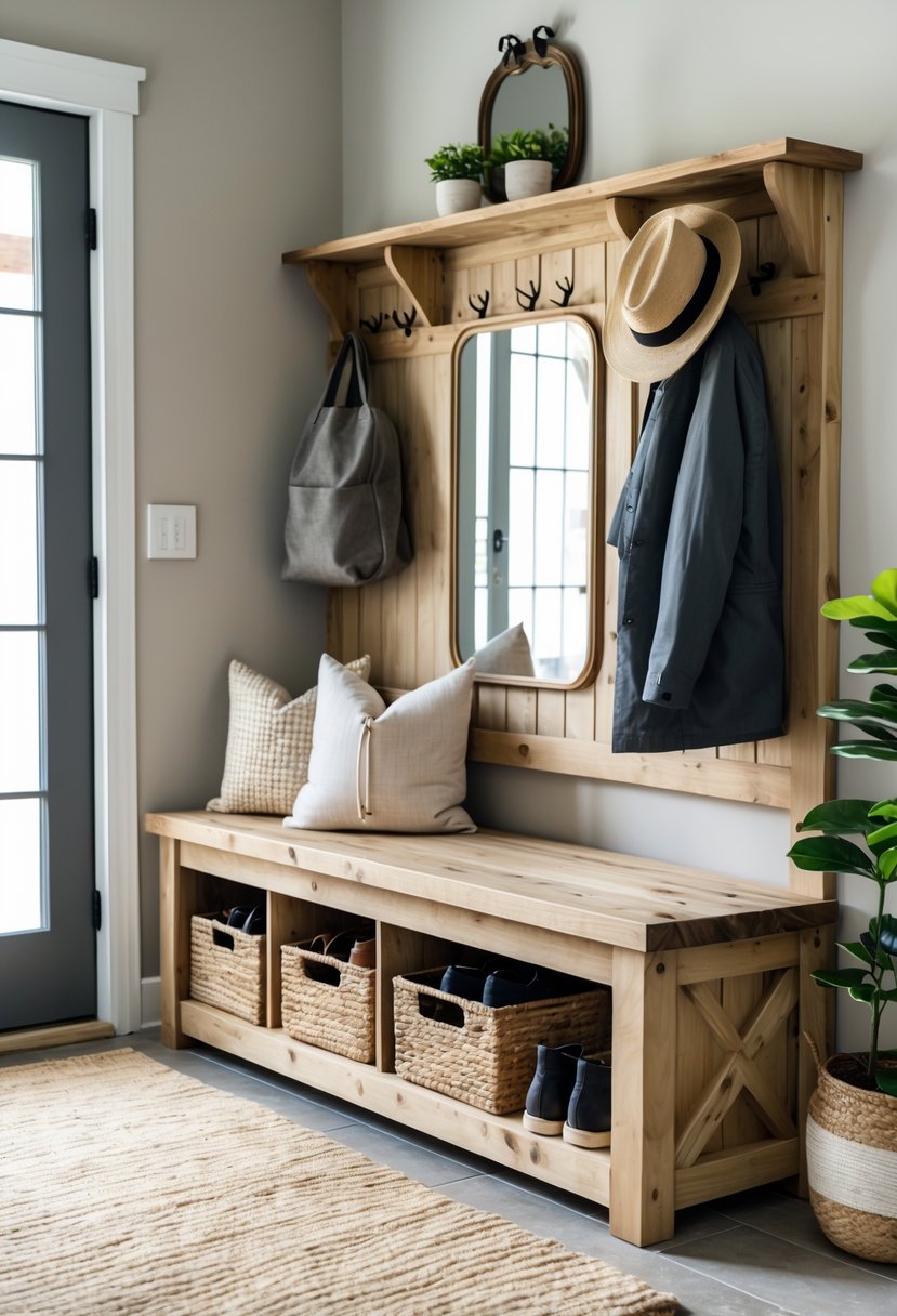 Entryway Makeover Ideas 2026: 22 Stylish Ways To Refresh Your Home’s First Impression 5 Entryway with a rustic wooden bench featuring storage baskets underneath, a coat rack with jackets and hats, a potted plant, and a mirror on the wall.