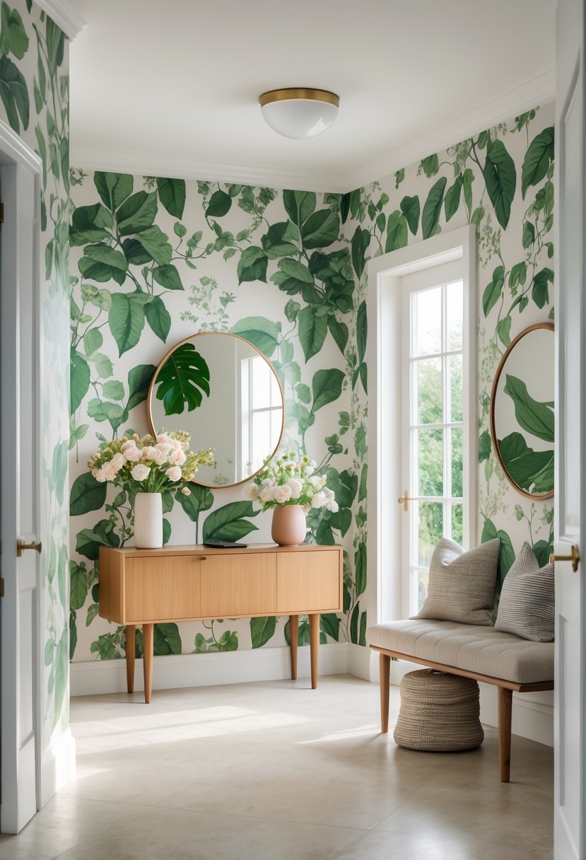 Entryway Makeover Ideas 2026: 22 Stylish Ways To Refresh Your Home’s First Impression 6 An entryway with botanical wallpaper, a wooden console table with flowers, a round mirror, and a cushioned bench.
