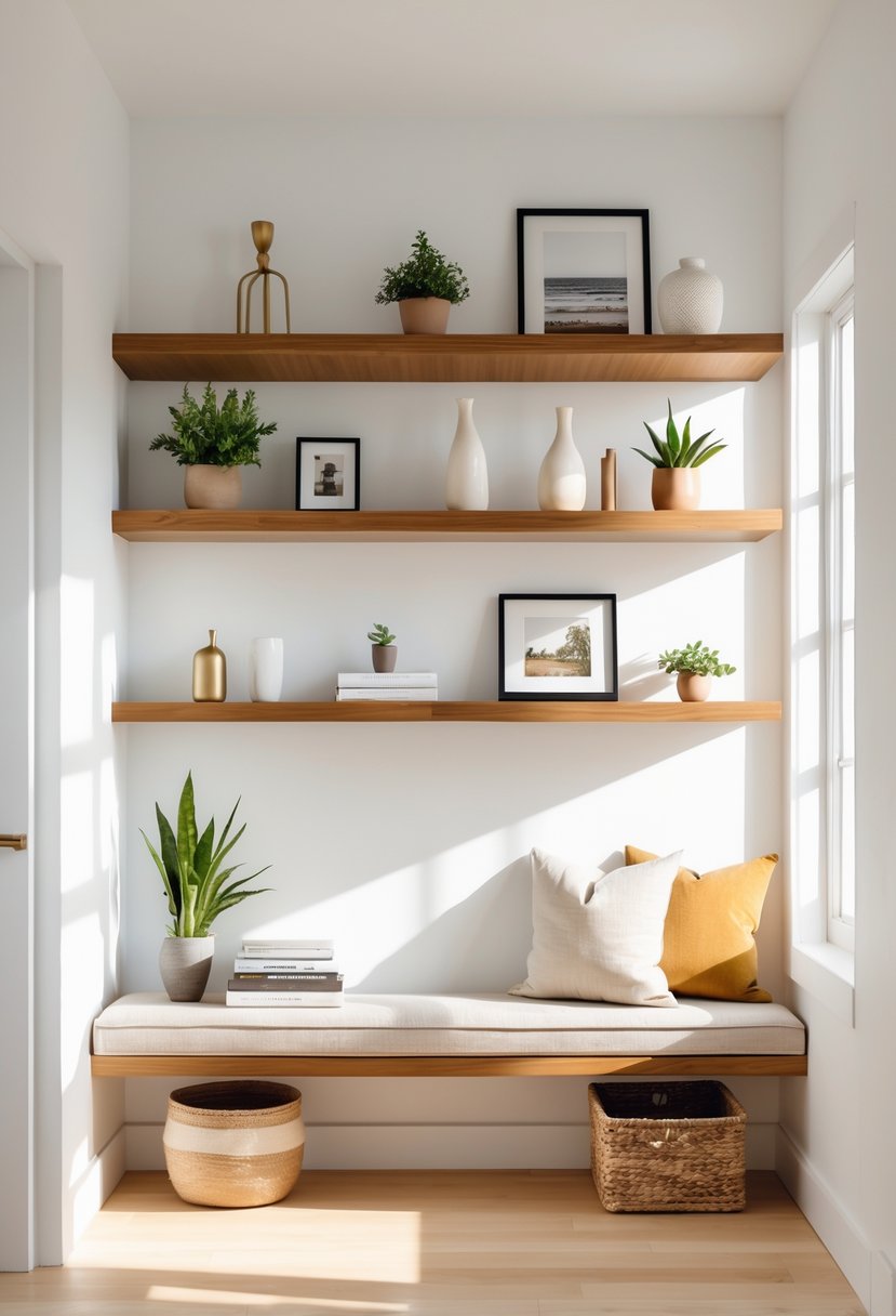 Entryway Makeover Ideas 2026: 22 Stylish Ways To Refresh Your Home’s First Impression 7 An entryway with floating wooden shelves displaying decor items above a bench with a cushion and a basket underneath.