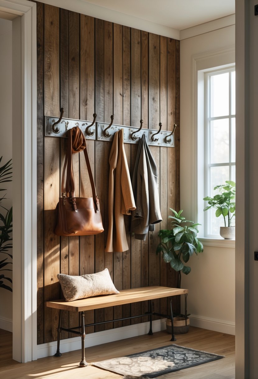Entryway Makeover Ideas 2026: 22 Stylish Ways To Refresh Your Home’s First Impression 8 An entryway with vintage metal hooks holding coats and bags on a wooden wall panel, a bench underneath, and a potted plant nearby.