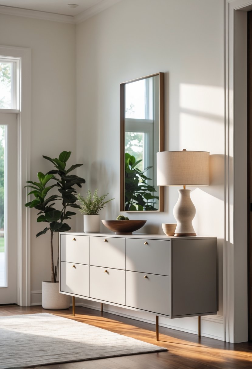 Entryway Makeover Ideas 2026: 22 Stylish Ways To Refresh Your Home’s First Impression 9 An entryway with a sleek console table with drawers against a wall, decorated with a plant, lamp, and bowl, illuminated by natural light.