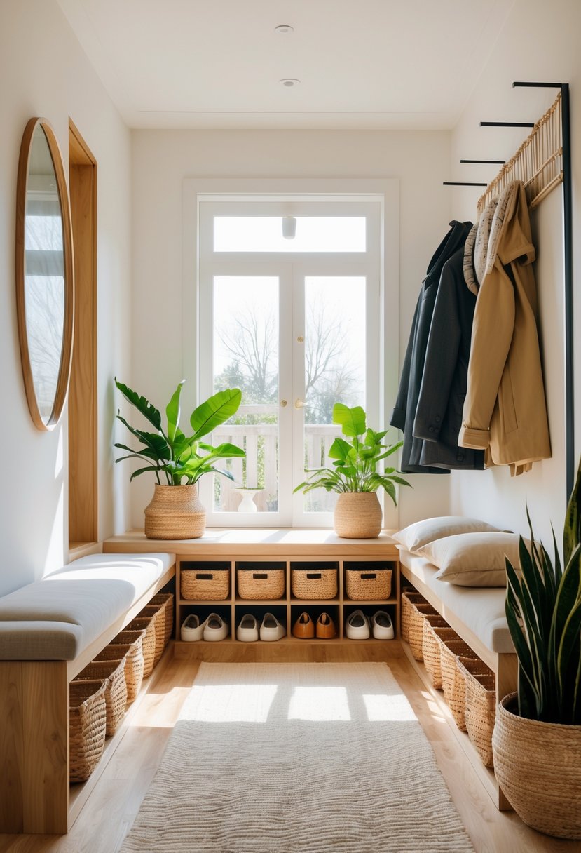 Entryway Makeover Ideas 2026: 22 Stylish Ways To Refresh Your Home’s First Impression 10 An entryway with woven baskets on shelves used for organized shoe storage, a bench, coat rack, and plants.