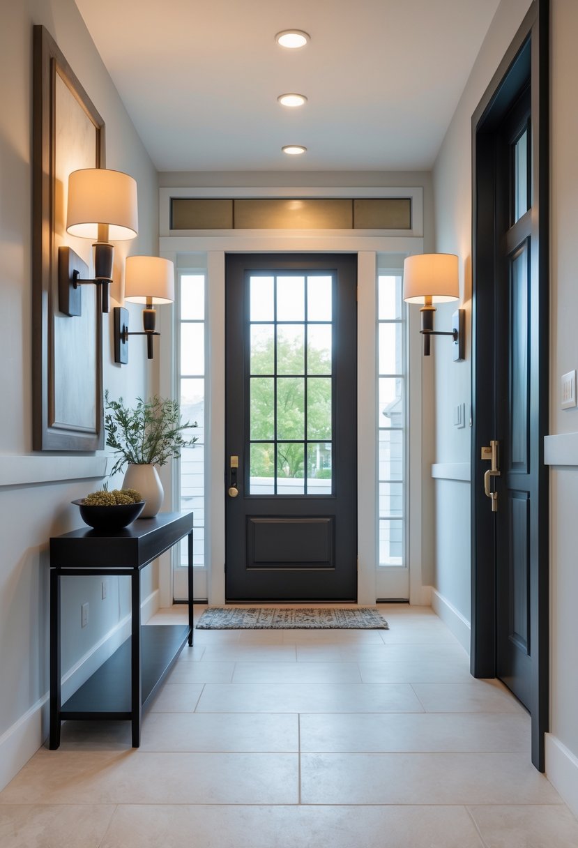 Entryway Makeover Ideas 2026: 22 Stylish Ways To Refresh Your Home’s First Impression 11 Entryway with wall-mounted lighting sconces glowing warmly beside a front door and a console table with decorative items.